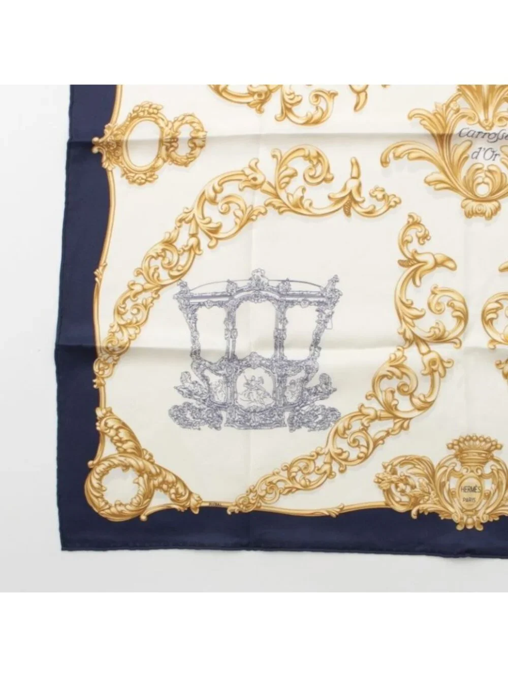 Hermes Carre 70 Silk Carrosses D'or Golden Carriage Scarf White Navy 70 - Picture 4 of 9